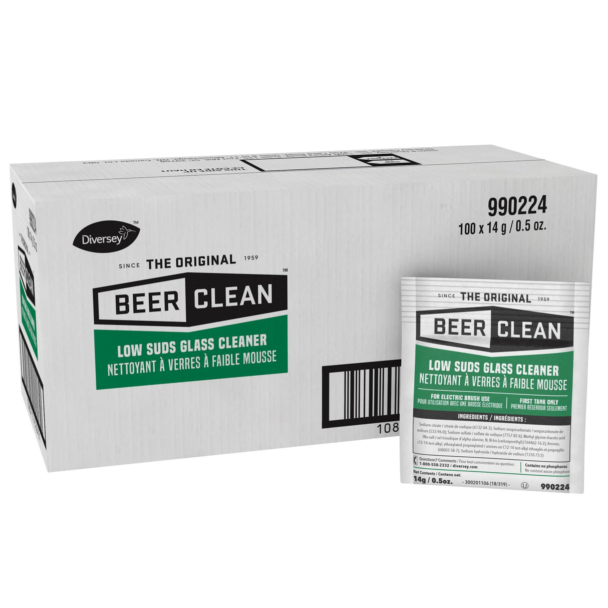BEER CLEAN Diversey 990224 Low Suds Glass Cleaner for Electric Brushing, Portion Control Bar Glass Washing Powder, Unscented, Packet, 0.5-Ounce (Pack of 100)