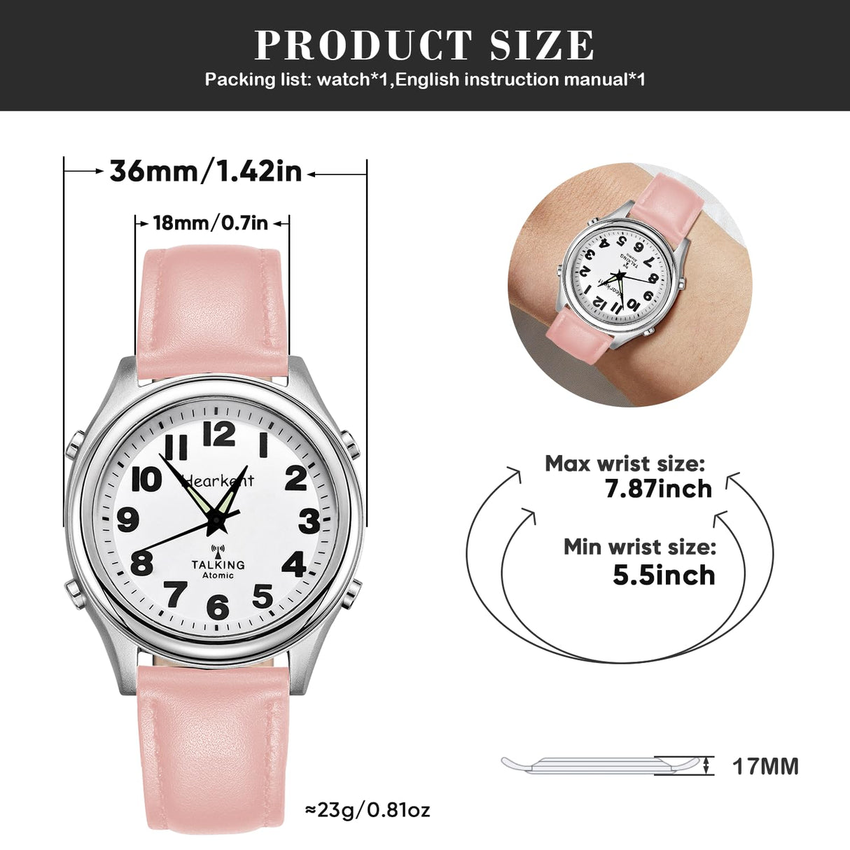Hearkent Talking Watch for Women-Senior or Visually Impaired Watches American-Style English Voice Timekeeping Watch-Ideal Gifts for Mother or Sisters.(Pink)