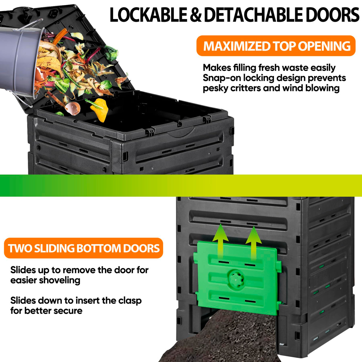 SUPER DEAL 120 Gallon Compost Bin, 450L Outdoor Garden Waste Composter with Flip-top Lid and Bottom Door, Large Capacity BPA Free Material for Fast Creation of Fertile Soil, Easy to Assemble, Black