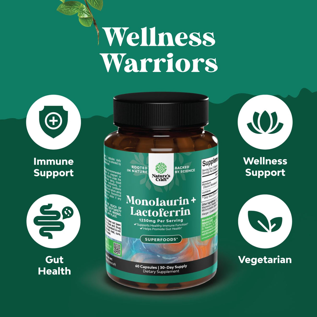 Natures Craft High Strength 250mg Lactoferrin & 1000mg Monolaurin Supplement (30 Servings) - Microbiome Digestive Health Immune Support Supplement - Lactoferrin and Monolaurin Capsules - Vegetarian