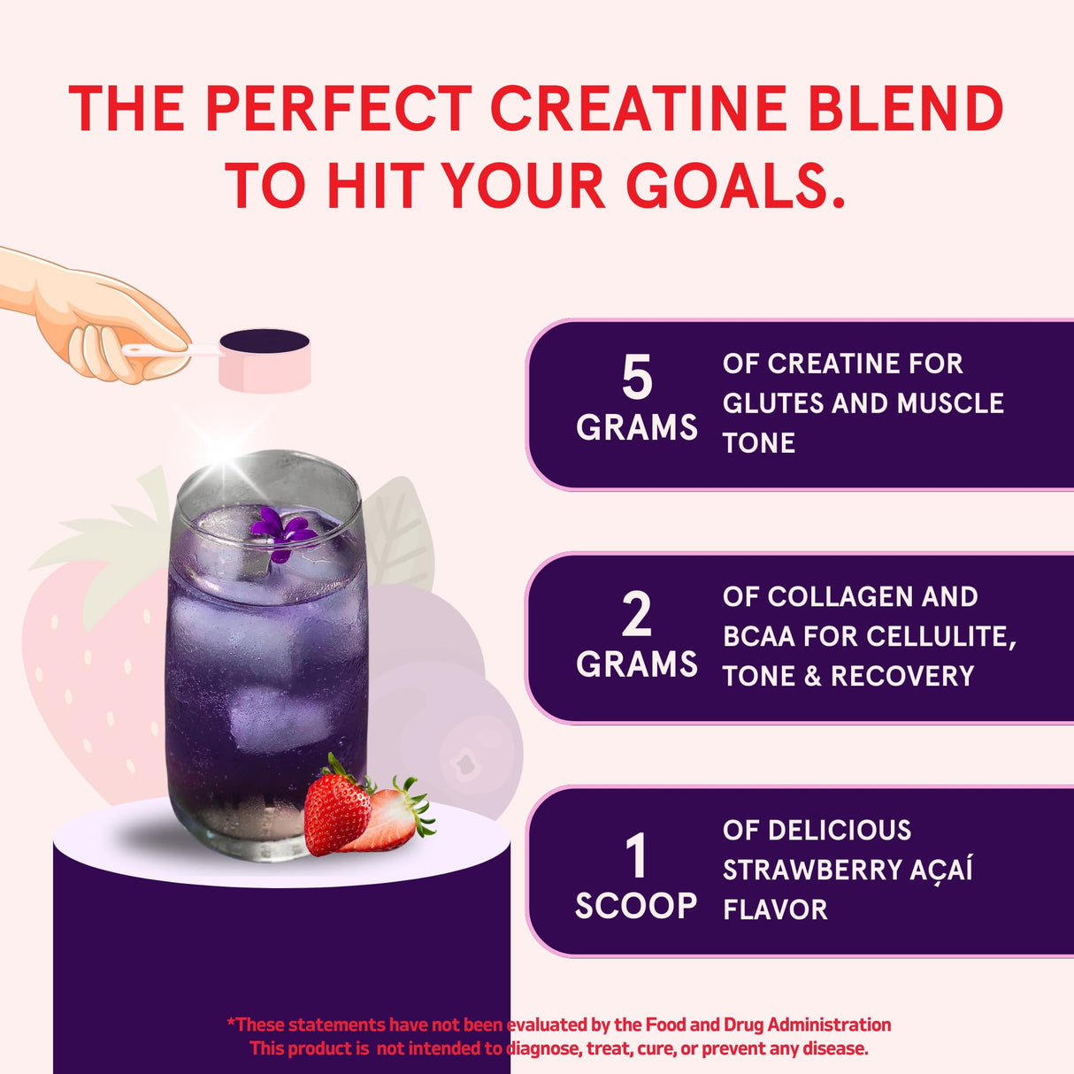 Peach Perfect Creatine Monohydrate Powder, Glute Builder Creatine for Women with Collagen, BCAAs, 5g Vegan Micronized Creatine per Serving, for Energy, Muscle Support, 30 SVG, Strawberry Acai