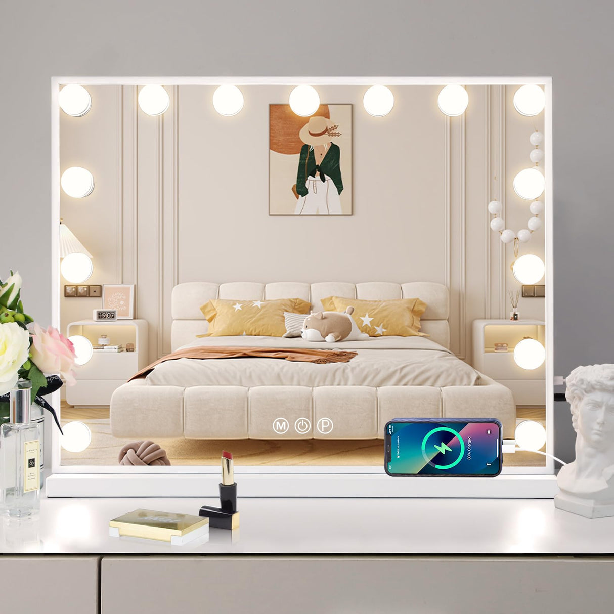 Leishe Vanity Mirror with Lights 15LED Bulbs 3 Lighting Modes Lighted Makeup Mirror for Desk or Wall-Mount Hollywood Vanity Mirror with USB Charger Port and 10X Magnification (22"x18")