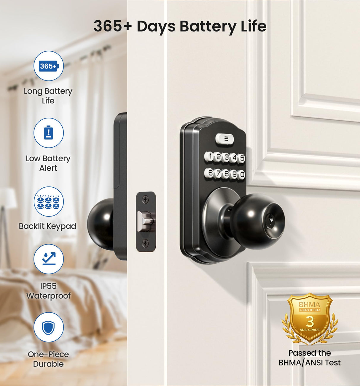 Veise Keypad Door Knob Lock, Keyless Entry Digital Lock with Handle, Electronic Smart Knob for Front Door & Bedroom, Easy Install, Auto Lock, Passage Mode, Anti-Peeping Password, Matte Black