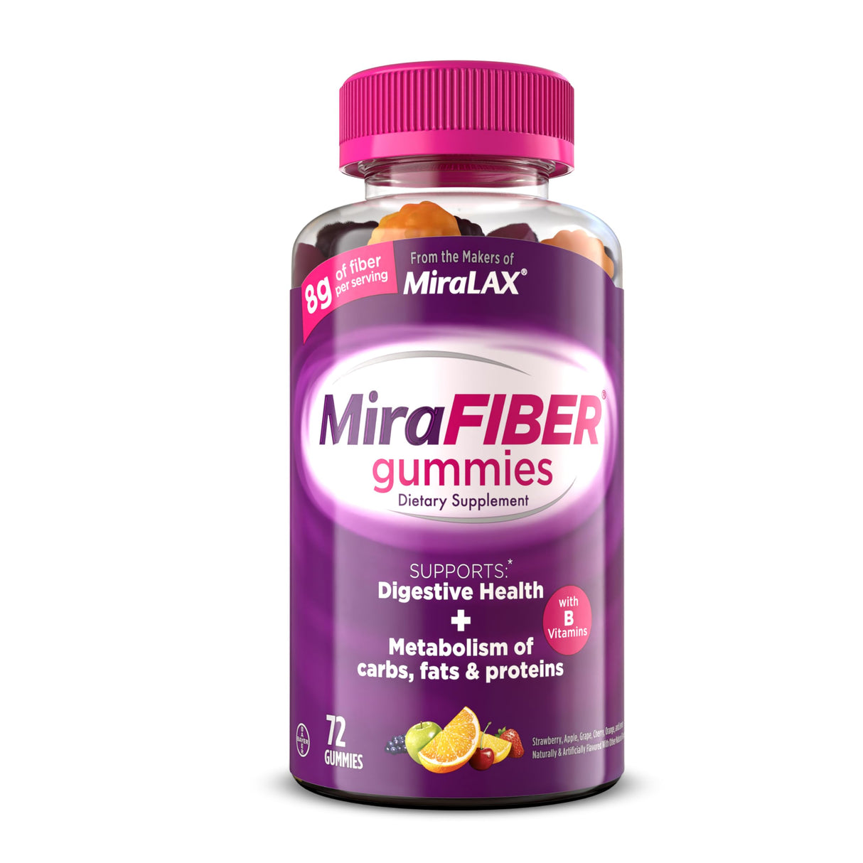 MiraLAX MiraFIBER Gummies – 8g Daily Prebiotic Fiber with B Vitamins – Supports Digestive Health & Metabolism – Assorted Fruit Flavor Fiber Gummies – 72 Count