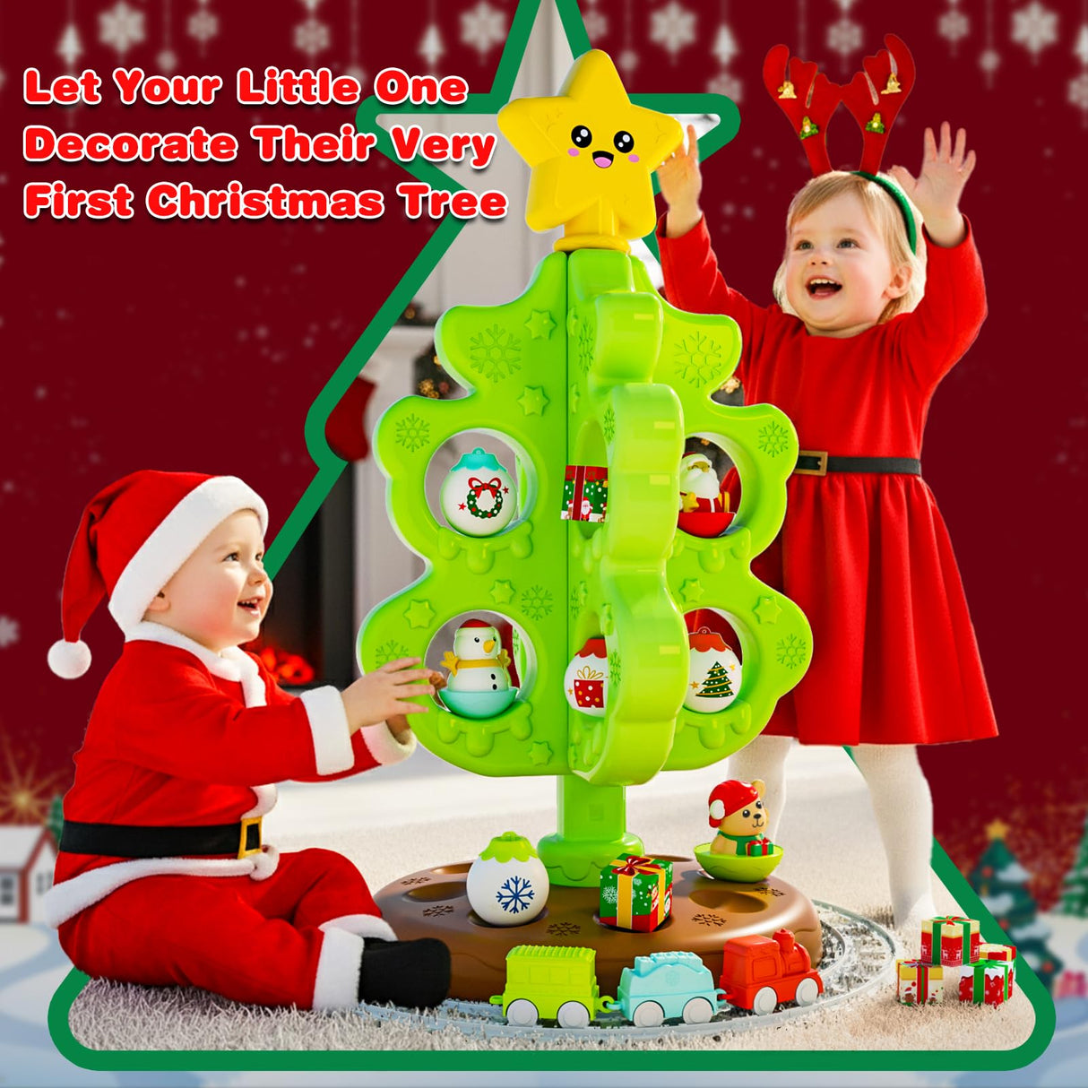 Surelect My First Christmas Tree for Toddlers, Montessori Christmas Decoration Toy with Ornaments, Mini Train Set, Roly Poly Toys, Finger Puppets, Birthday Xmas Gifts for Little Kids Boys and Girls