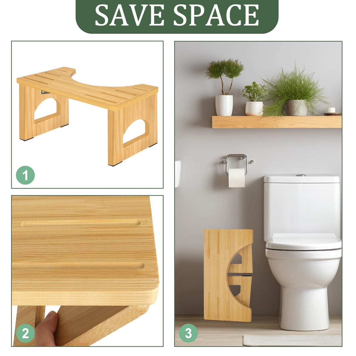 Foldable Toilet Stool, 7.5 Inch Poop Stool for Bathroom, Bamboo Toilet Stool Squat Adult, Collapsible Squatting Potty Stool with Non-Slip Strip - Improve Squatting Posture and Comfort, Wood