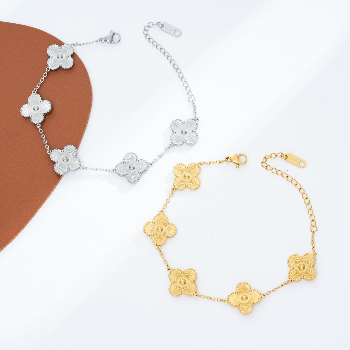 Acicihenn Waterproof Four-Leaf Clover Bracelet, Adjustable Link Double Sided Jewelry, Lovely Fashion Jewelry Gift for Women Gold Bracelet + Silver Bracelet