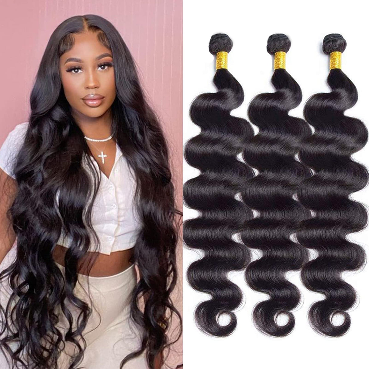 Body Wave Bundles Human Hair 26 28 30 Inch 100% Unprocessed Human Hair Bundles 12A Brazilian Virgin Hair Weave Body Wave 3 Pieces Natural Black Color 300G