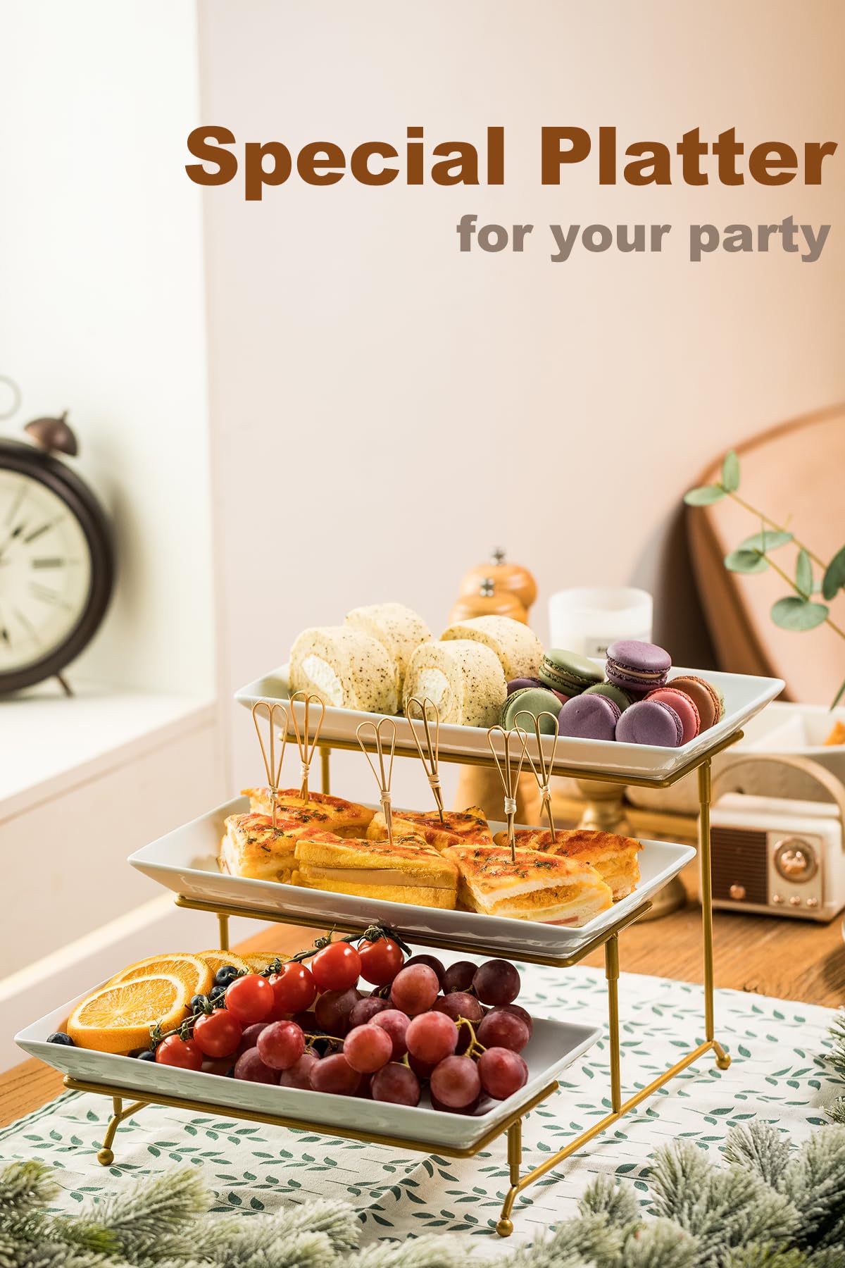 LAUCHUH 3 Tier Serving Stand Porcelain Serving Platter Tier Serving Trays with Collapsible Sturdier Rack, Serving Dishes and Platters for Thanksgiving, Christmas, Entertaining, Gold, 12 Inch