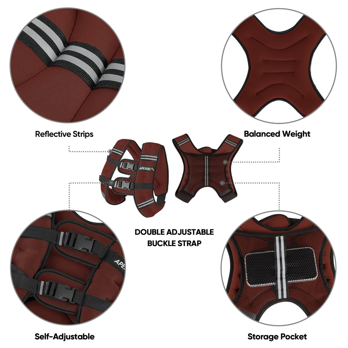 APEXUP Weighted Vest with 5lbs/10lbs/15lbs/20lbs/25lbs/30lbs Weights and Reflective Stripe, Weight Vest Men Women for Workout, Strength Training, Running (Claret, 30lbs)