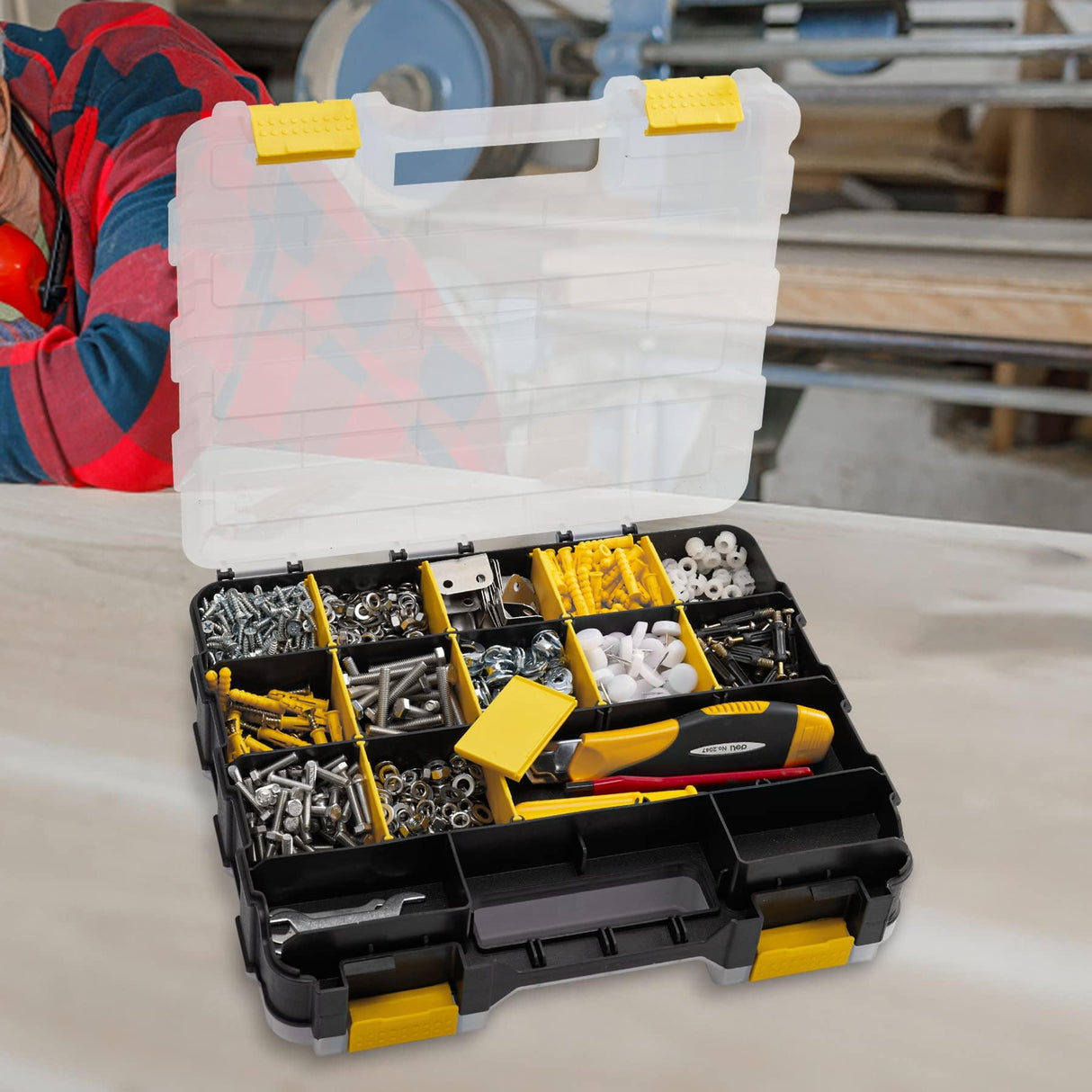 Hardware Organizer Box 34 Compartments Small Parts Organizer with Removable Dividers Durable Plastic Double Side Tools Box Screw Organizer For Nuts, Bolts, Screws, Nails, Small Hardware (Yellow)
