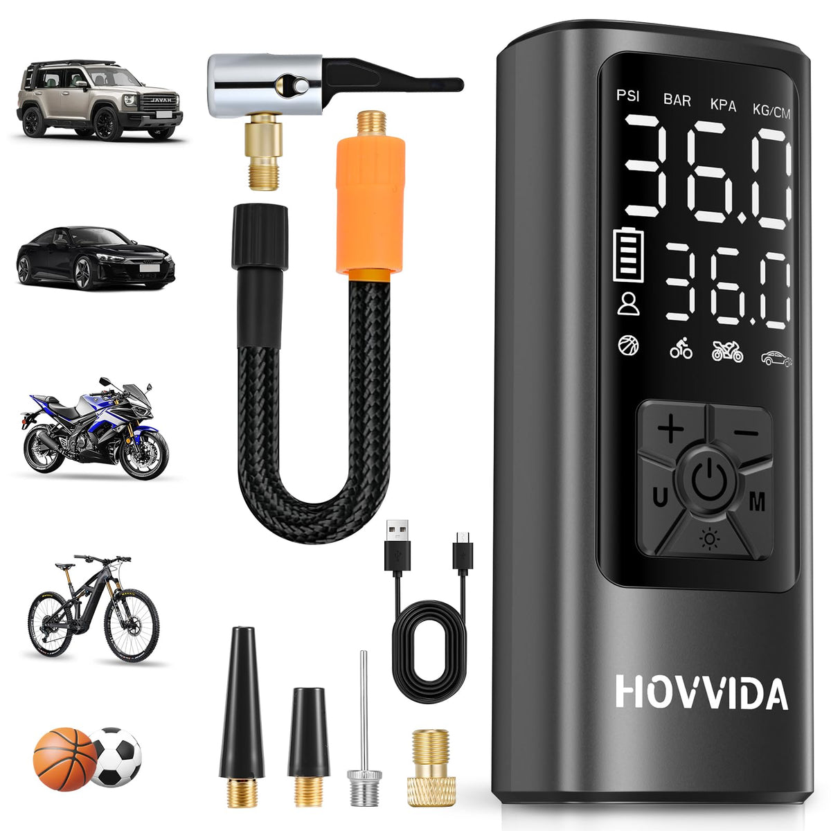 HOVVIDA Tire Inflator Portable Air Compressor, Bike Pump, Air Pump for Car Tires 150PSI with Digital Pressure Gauge, Auto Shut-Off, Fast Inflation, Bike Tire Pump for Car, Motorcycle, Bike, Ball