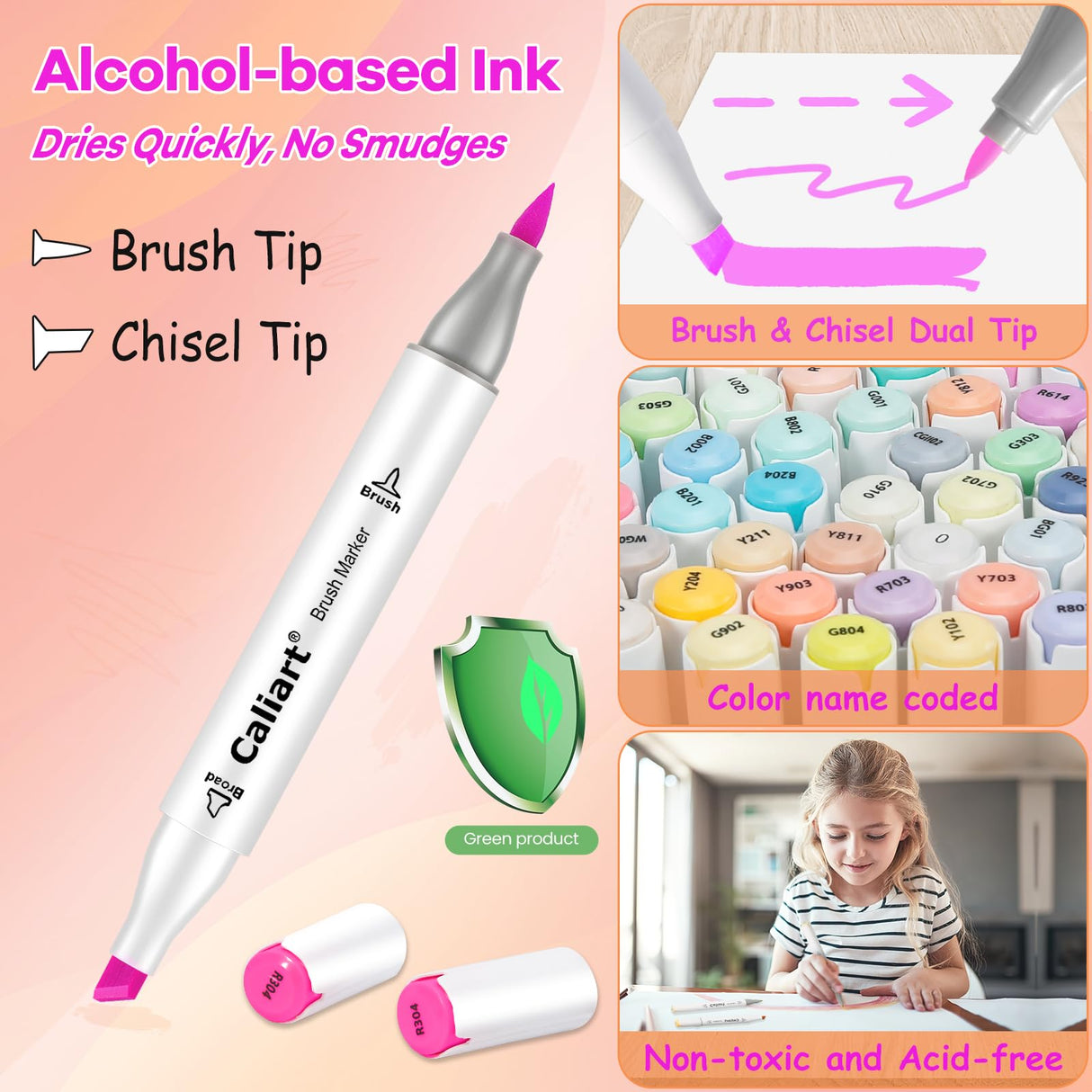 Caliart Alcohol Markers Brush Tip & Chisel, 101 Colors Dual Tip Art Markers for Adults Artists Sketch Illustration Coloring Book, Permanent Drawing Pen Set Art Supplies Christmas Gifts