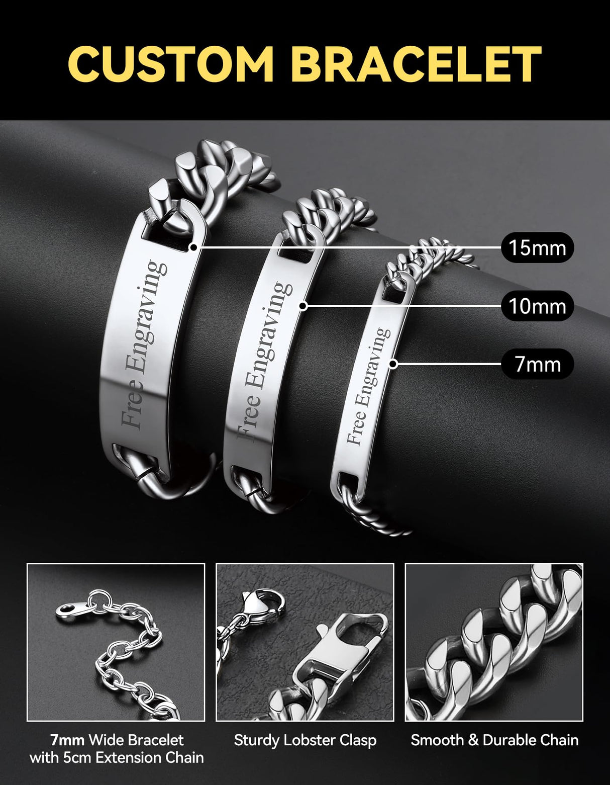 ChainsHouse Custom Name ID Bracelet Stainless Steel Cuban Chain Gift Women Personalized Engrave Bracelets for Men 7mm