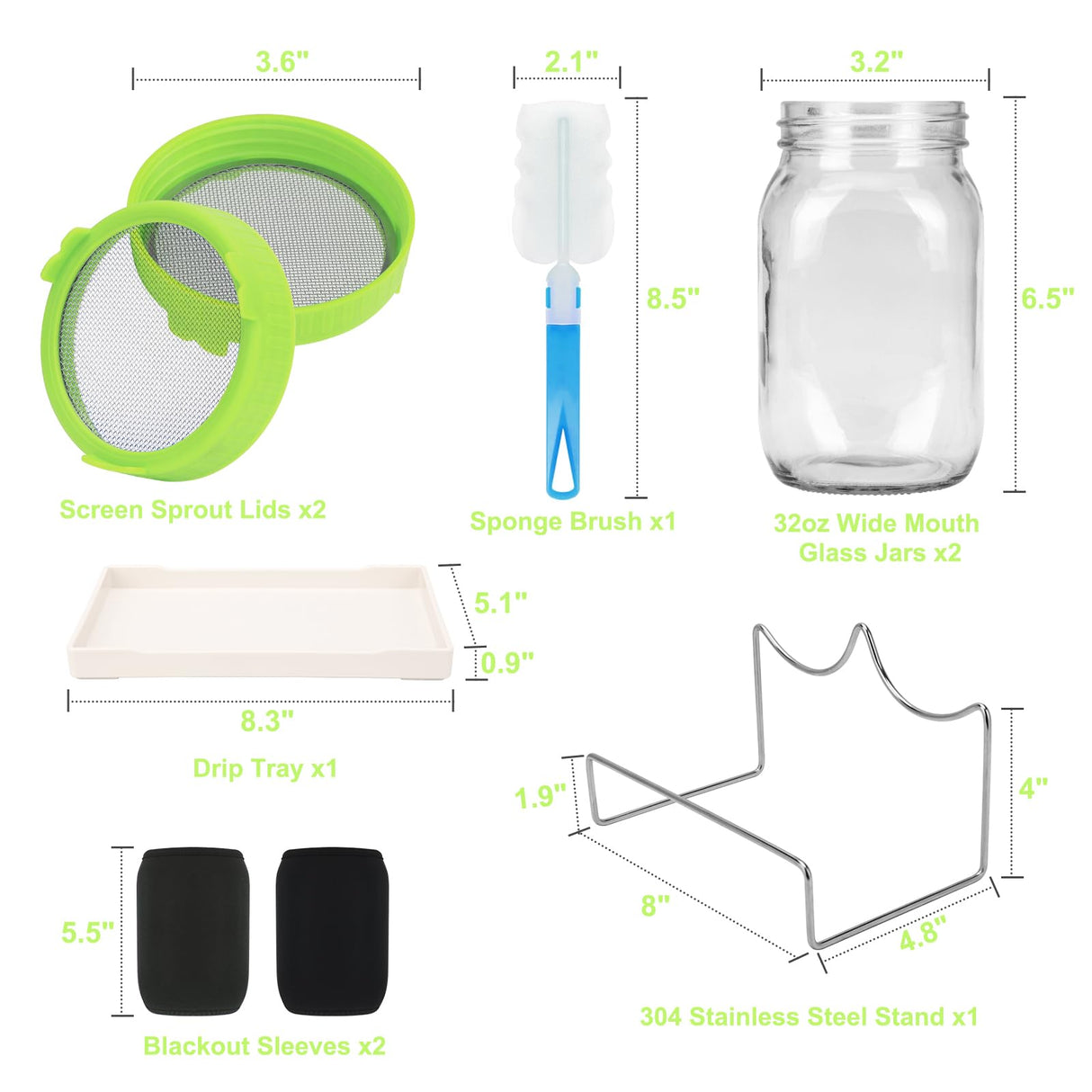 Lulonpon Sprouting Kit, 2 Sprouting Jar Kits, Wide Mouth Quart Mason Jars with Stainless Steel Screen Sprout Lids,1000ml Sprouts Growing Kit, Seed Sprouter Set for Growing Broccoli, Bean, Alfalfa 