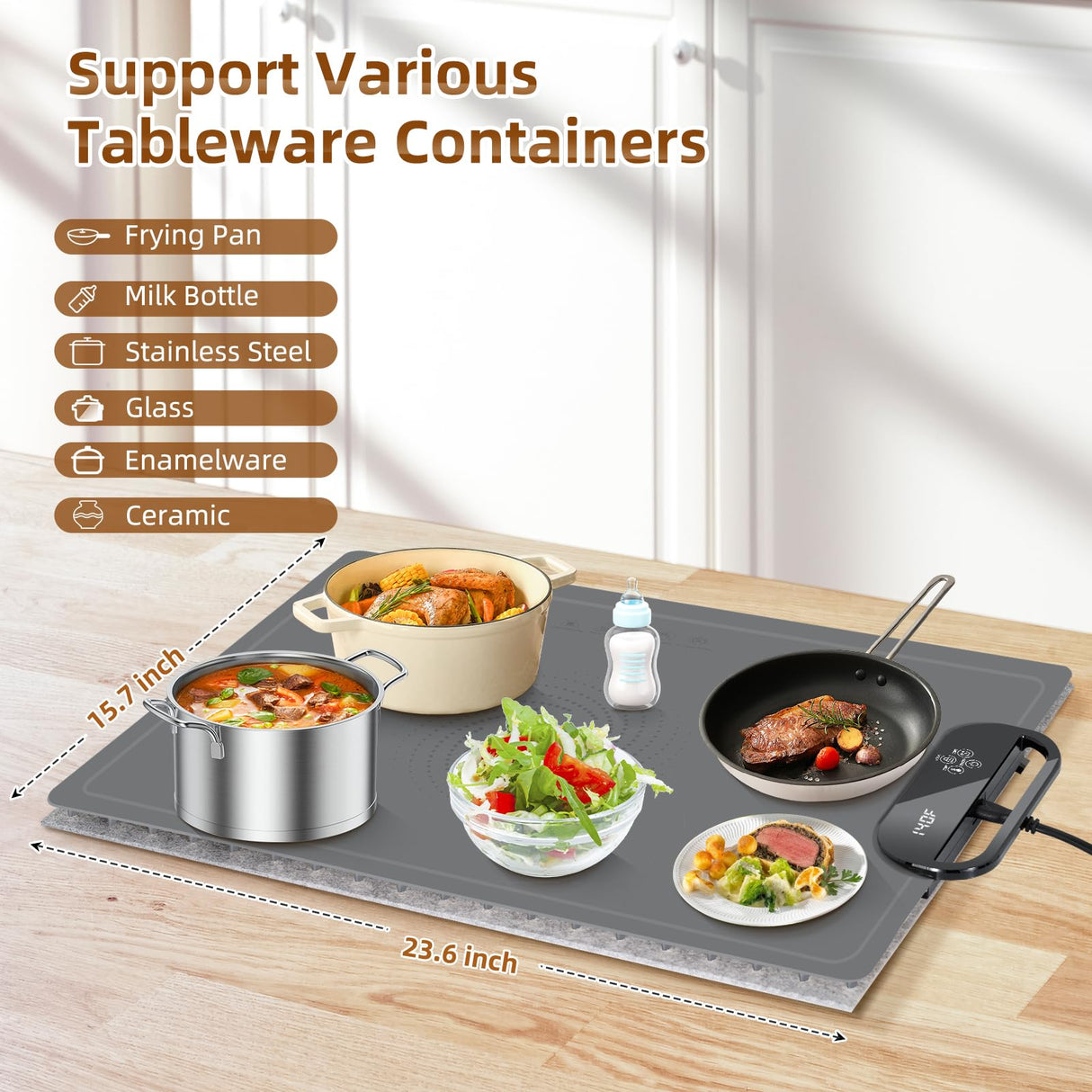 Food Warming Mat – Fast Heating Electric Warming Tray with 7 Temp Settings, 11-Hour Timer & Auto Shut-Off, Foldable Silicone Mat with Child Lock, Portable Warming Pad for Buffets, Holidays – Gray