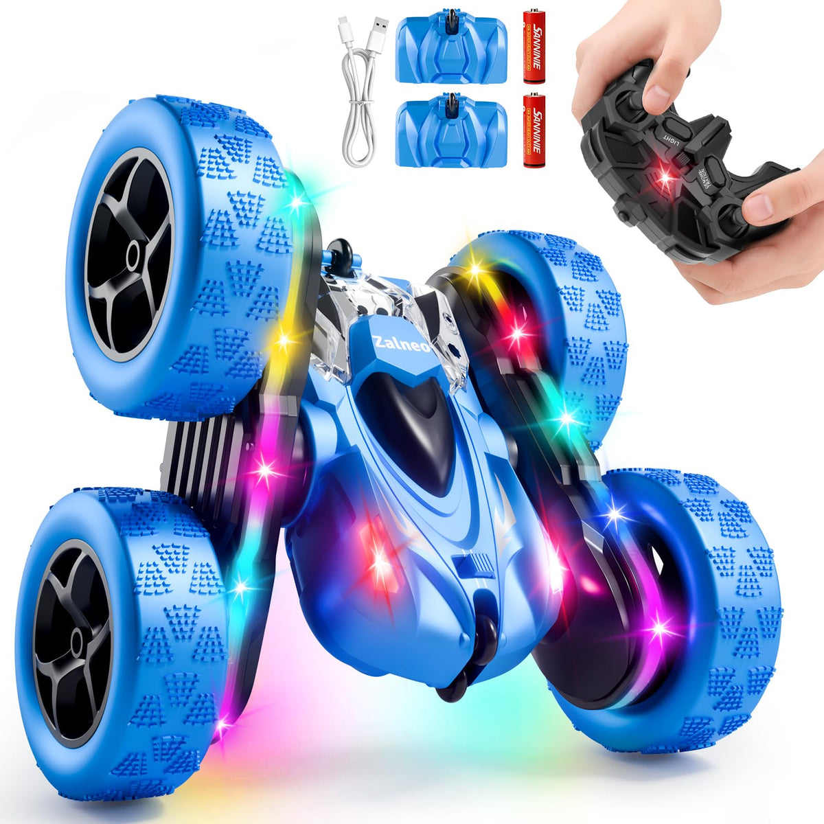 Zalneo Remote Control Stunt Car 4WD 360° Flip Double‑Sided RC Cars, LED Light Bar, USB‑C Modular Battery, 2.4 GHz Outdoor Beach Toy for Boys 6‑12 Years Old, Birthday & Christmas Kids Gift, Blue
