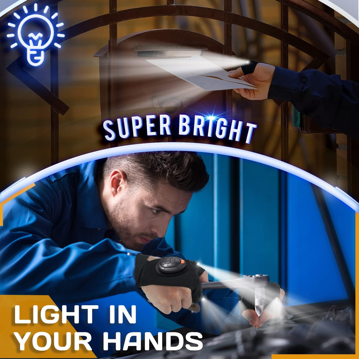 PARIGO Flashlight Gloves for Men Rechargeable (1 Pair) Stocking Stuffers for Men Dad Him Husband Teen Boys, Christmas Birthday Gifts Cool Gadgets Led Gloves for Fishing Camping Repairing