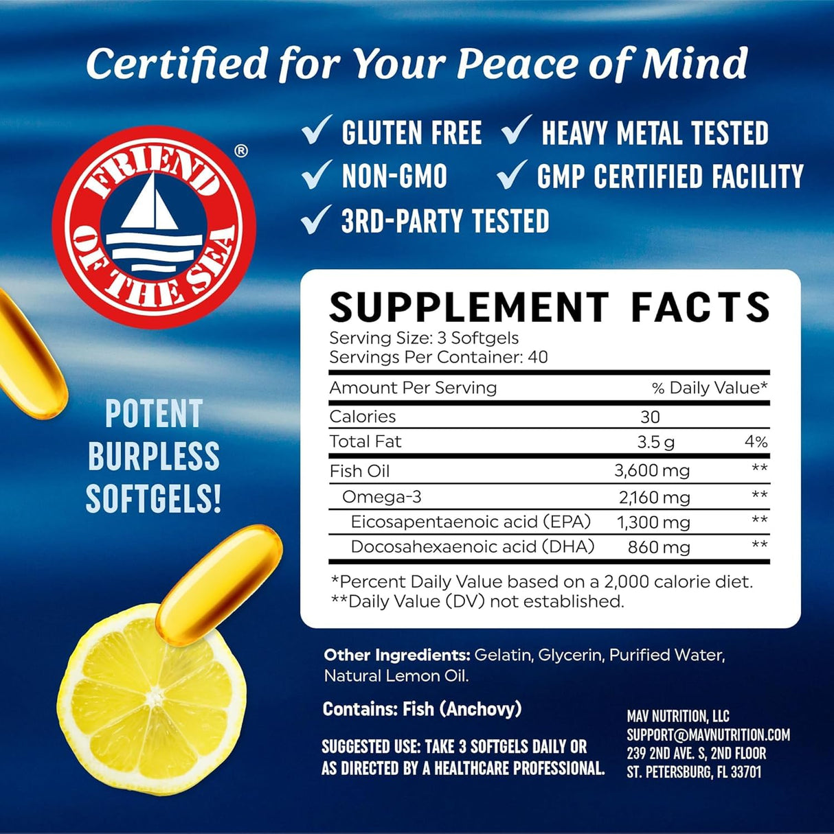 Triple Strength Omega 3 Fish Oil | 3600 mg EPA & DHA | Over 2100mg of Omega 3 Fatty Acids | 1300mg EPA + 860mg DHA | Best Essential Fatty Acids | Premium Burpless Softgel Supplements (120 Ct)