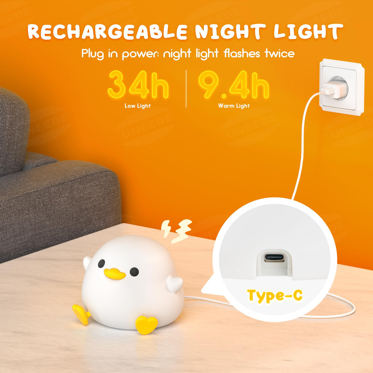 UNEEDE LED Cute Bean Duck Night Light, DoDo Duck Silicone Nursery Night Light Squishy Dimmable Rechargeable Table Bedside Lamp with Touch Sensor for Bedrooms, Living Room Unique Dorm Decor Gift Toy