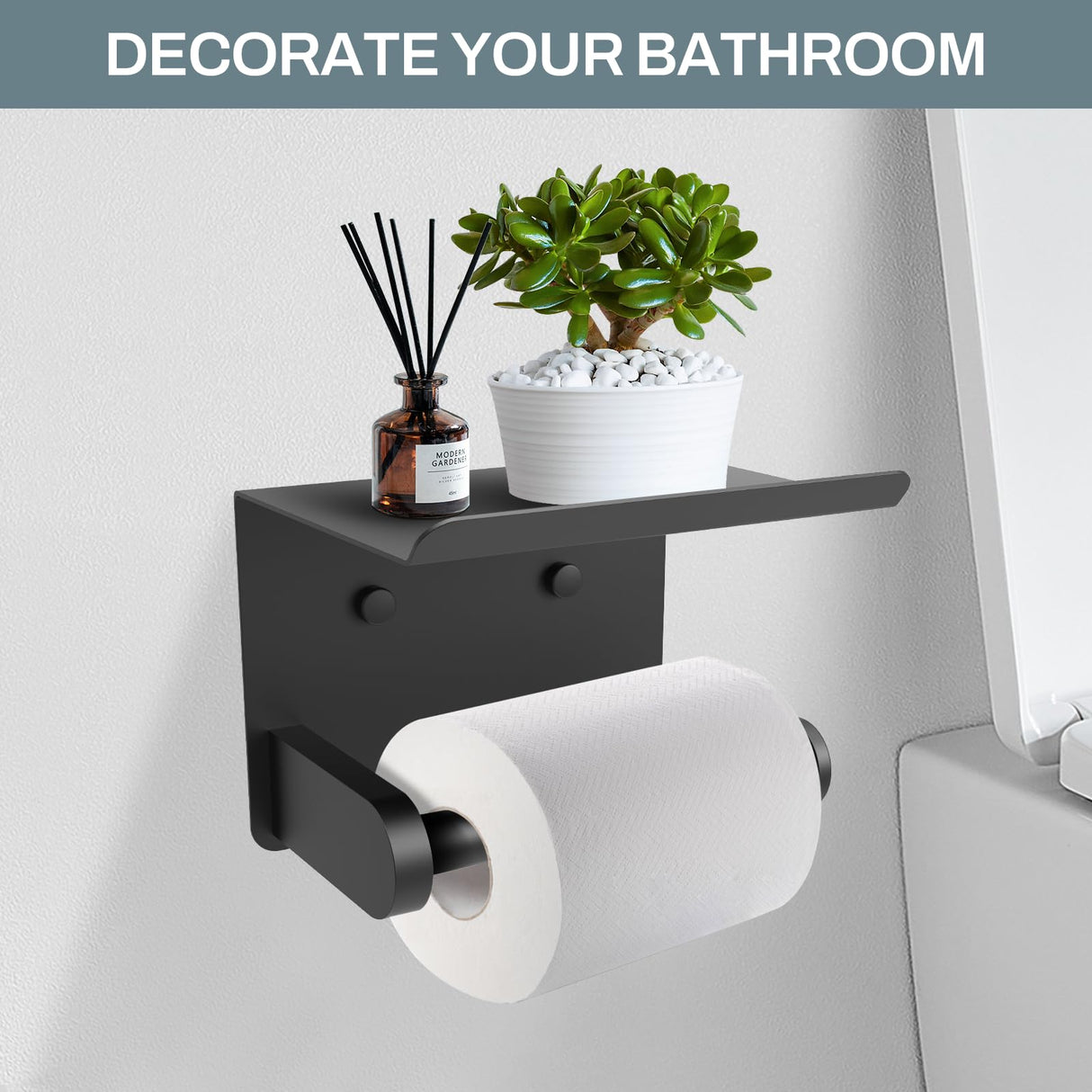 SetSail Toilet Paper Holder with Shelf Adhesive or Screw-in Bathroom Toilet Paper Roll Holders Wall Mount Matte Black Tissue Holder for Bathroom Hardware Accessories, 2 Packs