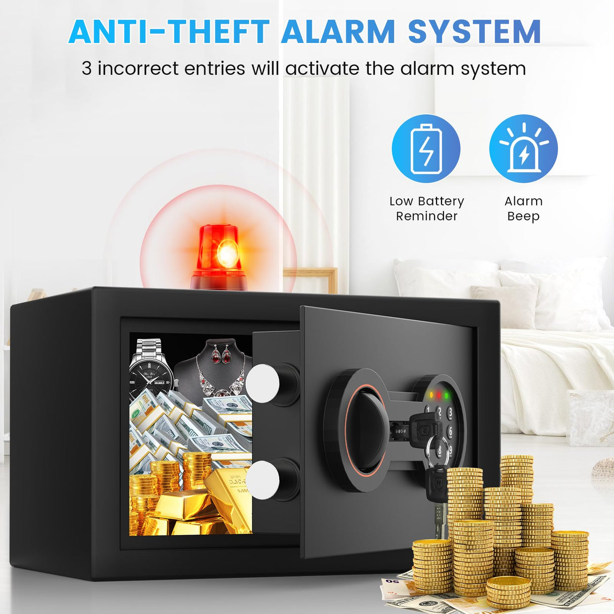 Small Safe for Home, 6.69"H Safe Box with Fireproof Waterproof Bag for College Dorm Room, Money Safe with Alarm System, Sensor LED Light, Wall/Floor Mountable, Hidden Safes for Cash, Jewelry, Medicine