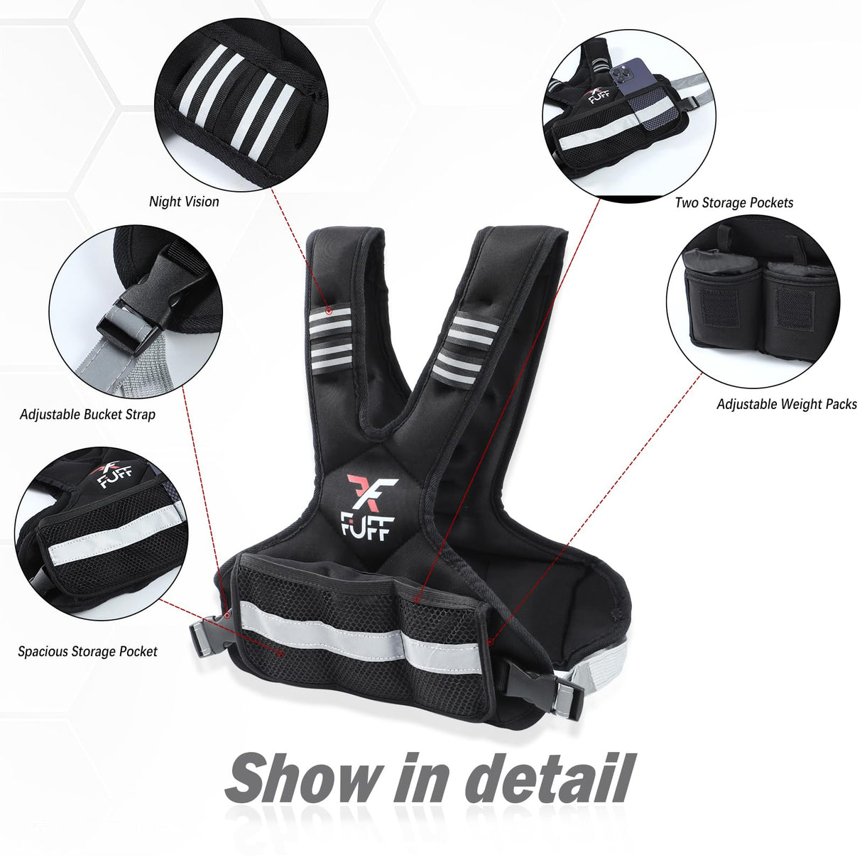 FUFF Adjustable Weighted Vest for Adult, 20-32lb Vest with 6 Ironsand Weights for Strength Training, Large Weight Vest with Reflective Strip for Men & Women