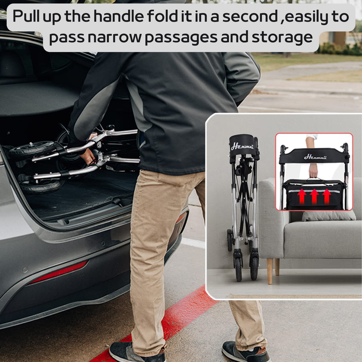 Henmnii Rollator Walker for Seniors, Lightweight Foldable All Terrain Rolling Walker with seat, Aluminum Walkers with 8 inch Rubber Wheels, Handles and Backrest for Seniors and Adult