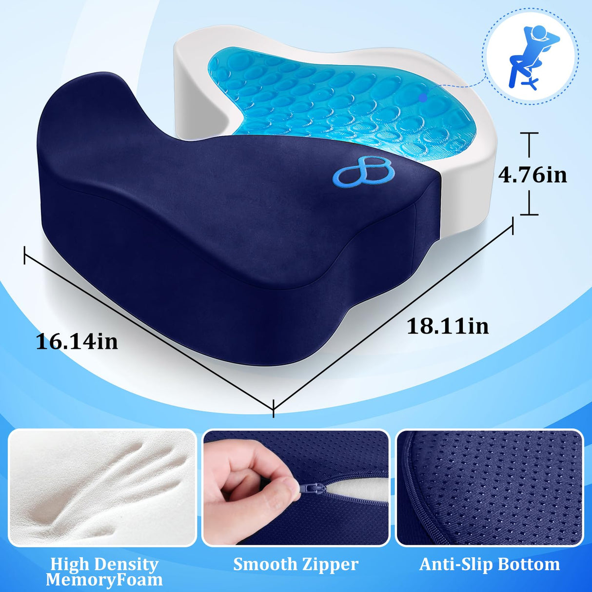 CushyOasis Seat Cushion, Chair Cushions, Office Chair Cushions, Anti-Slip Bottom & Removable Cover Tailbone Pain Relief Cushion, Memory Foam Seat Cushion for Office, Wheelchair, Car (Blue)