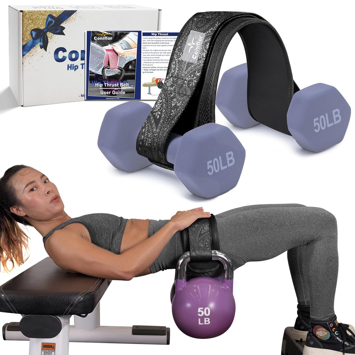 Coniflor Hip Thrust Belt - Adjustable Fitness Belt for Dumbbells, Kettlebells, Weight Plates - Support Up to 100 lbs - Upgrade Slip-Resistant Pad for Safe and Comfortable Glute Workouts at Home or Gym