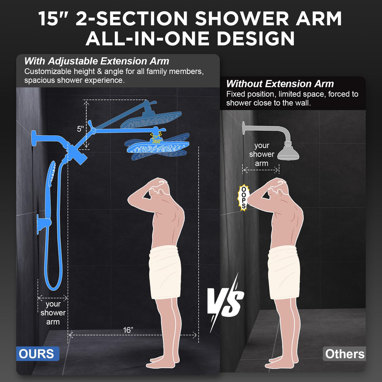 Veken 11.8" Rain Shower Head with Handheld, High Pressure Handheld Shower with Multi Spray Modes, Rainfall Combo with Metal Extension Arm, Detachable Dual Showerhead, Bathroom Decor, Chrome Silver