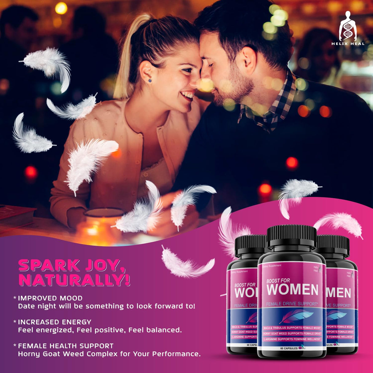 Helix Heal Libido Booster for Women Fast Acting with Horny Goat Weed - Female Desire Pills with Maca Root, Tribulus Terrestris, Ginseng and Hornygoatweed Women - Hormone Balance, Made in USA (60 ct)