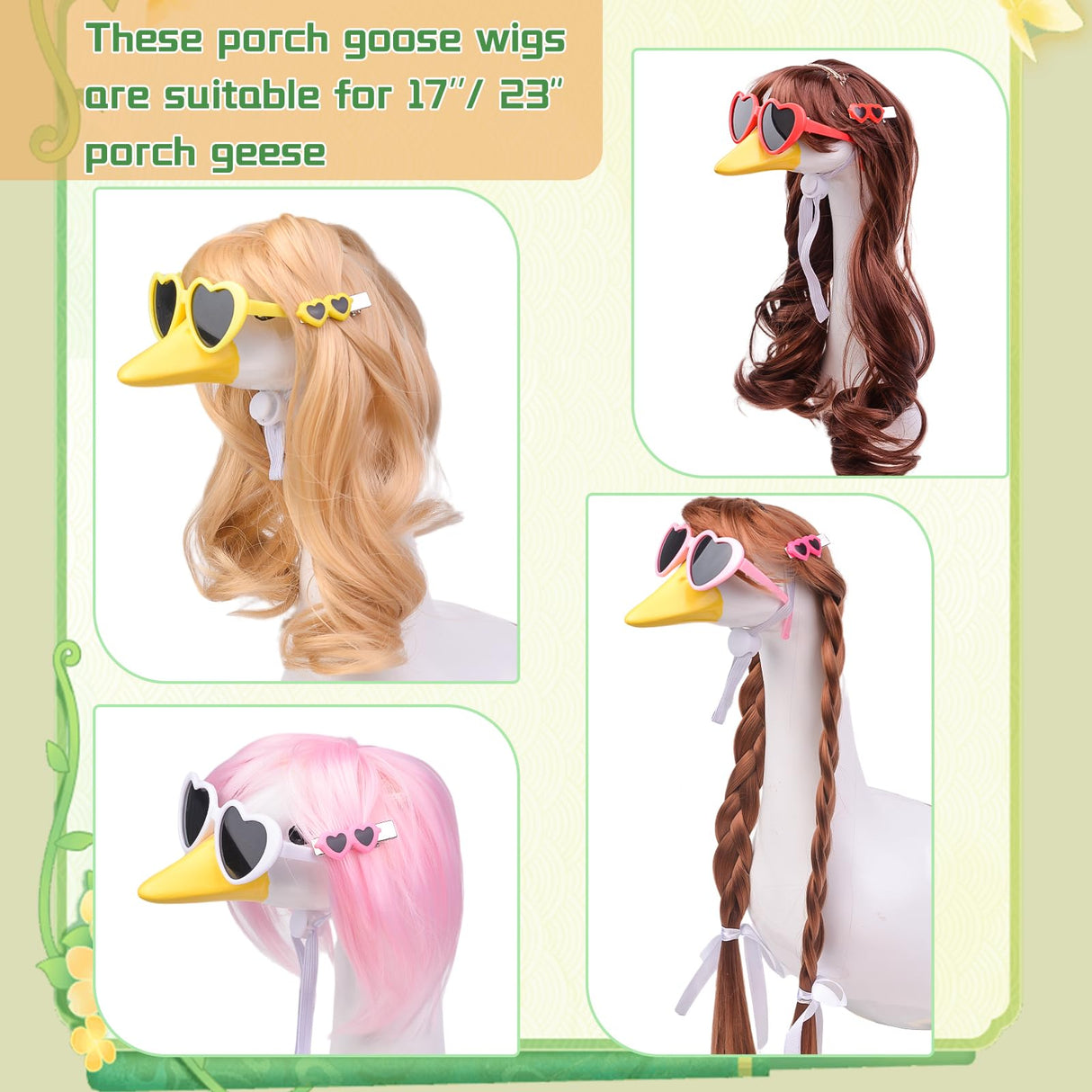 MuMyer 4 Pcs Porch Goose Wigs, Funny Lawn Porch Goose Statue Braid Wig with Hair Clips and Sunglasses for Outdoor Garden Patio Yard Goosey Decoration