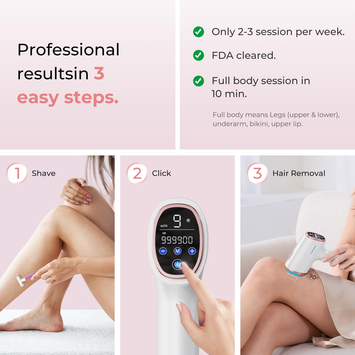 Finequin Laser Hair Removal for Women & Men, 45°F Ice-Cooling Contact, Safe & Virtually Painless Alternative to Salon IPL Hair Removal Device, Long-Lasting Hair Removal from Home, with Razor & Glasses