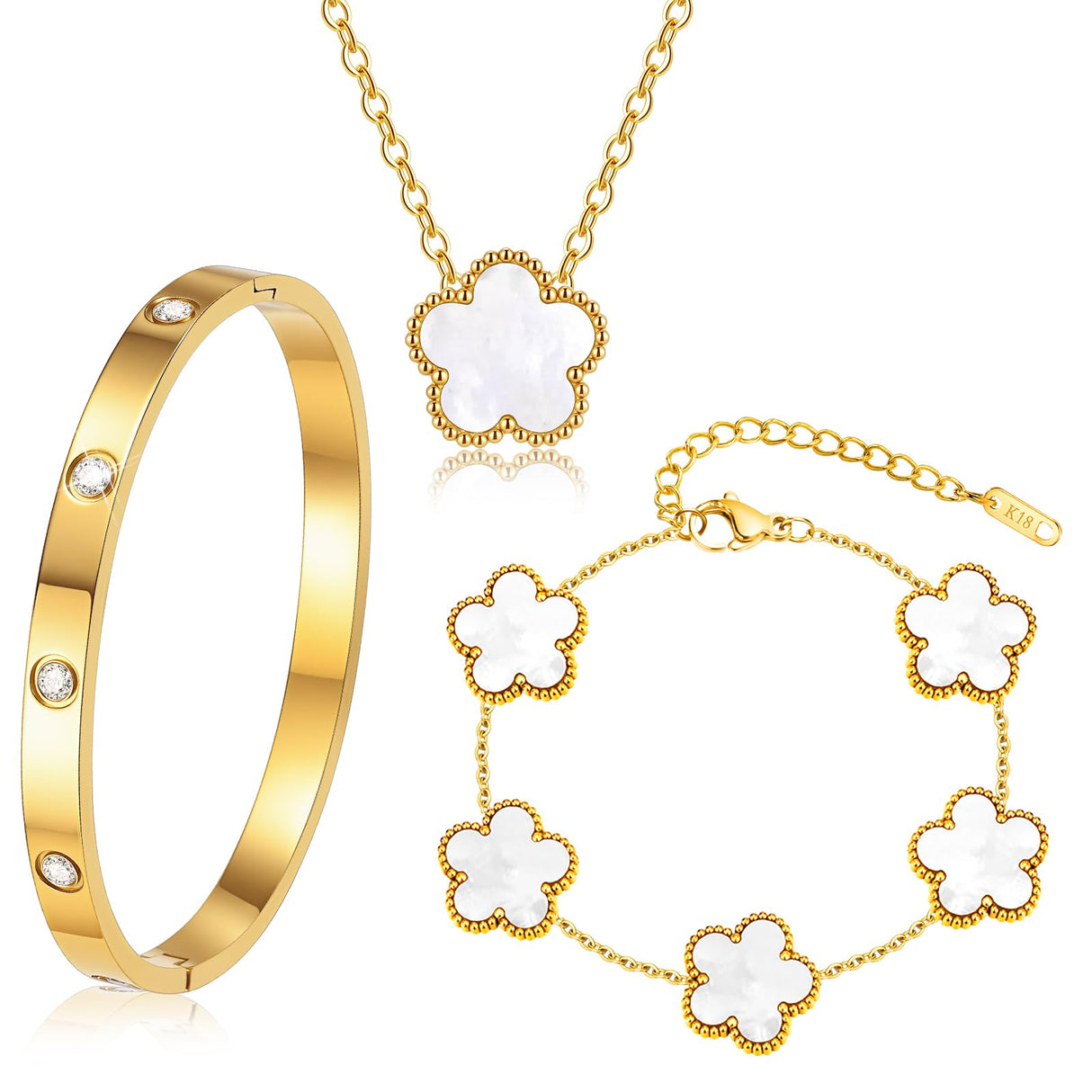 Gold Bracelets Necklace Jewelry Set - 3Pcs 18K Gold Plated Floral Bracelet,Waterproof Stainless Steel Bangles, Non-Tarnish Necklaces Daily Fashion Minimalist Jewelry,Valentines Birthday Gift for Women