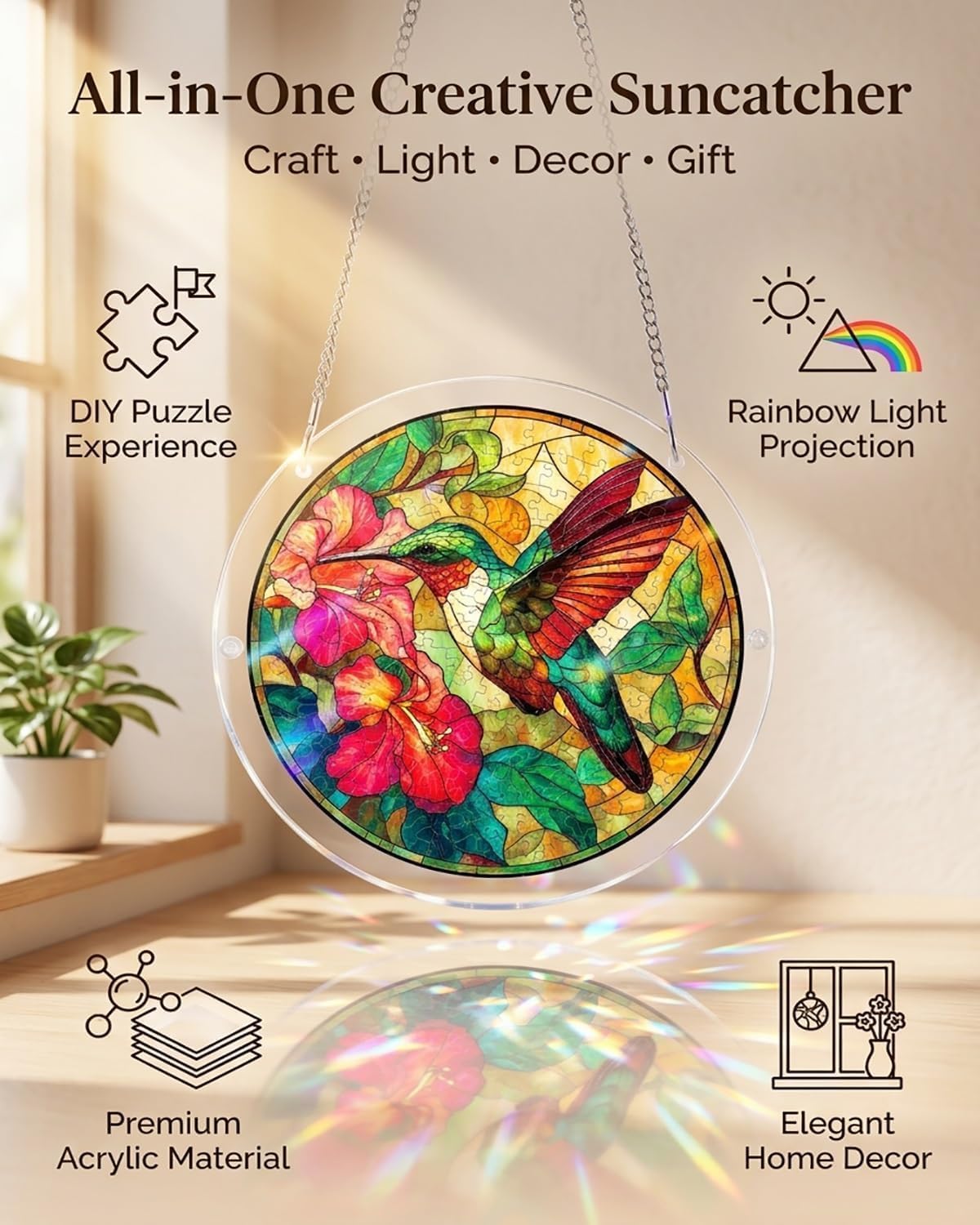 2-Pack Acrylic Puzzle Suncatcher 83 Pieces, Moonlit Dragonfly Sun Catchers Puzzle, DIY SunCatchers Puzzles Window Hanging, Home & Garden Decor (Tree + Hummingbird)