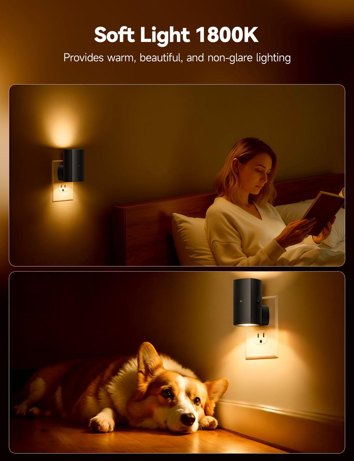 Brightown 2 Pack Black White Night Lights Plug into Wall, Modern Night Light with Rotating Plug, Dusk to Dawn Sensor, 0-100LM Stepless Dimming Aora Night Light for Hallway Bedroom Bathroom,Amber