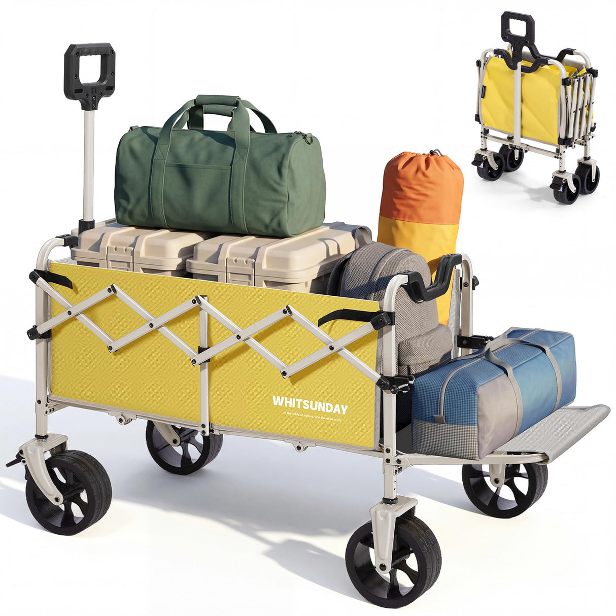 Collapsible Folding Wagon Cart, Heavy Duty Utility Wagons with Tailgate & Wheels,Portable Utility Cart for Camping,Garden,Beach,Sports Yellow