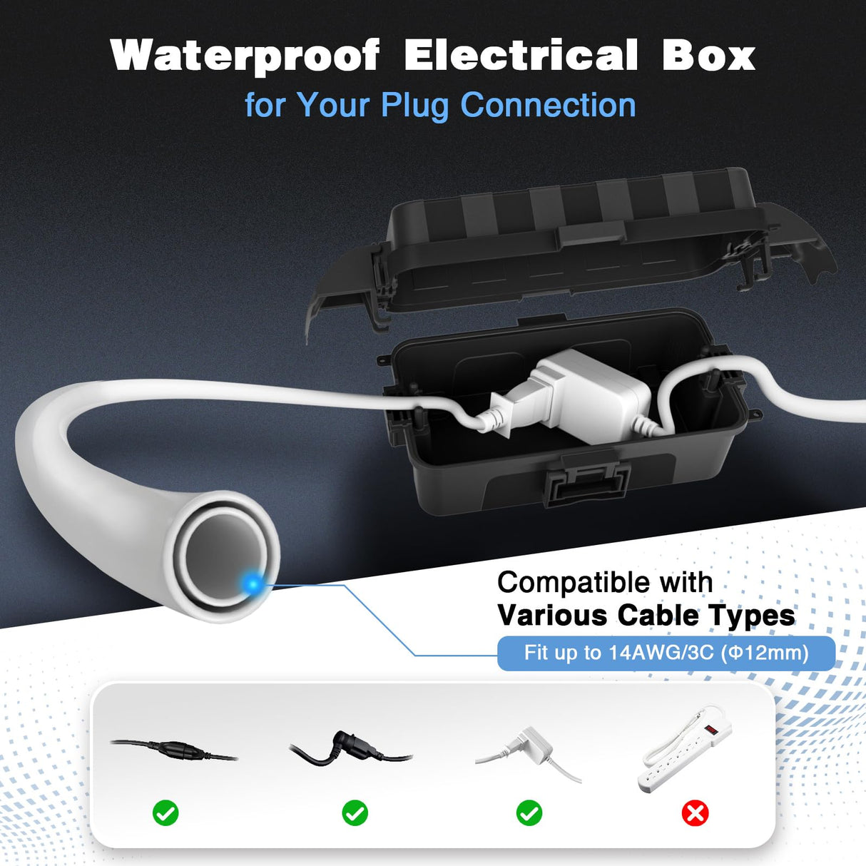 FLEMOON IP55 Outdoor Electrical Box Waterproof with Detachable Awning Covers, 7.1 * 3.9 * 2.4 inch Weatherproof Extension Cord Cover, Easy Installation for Outdoor Plug, Outlet, String Lights, Black