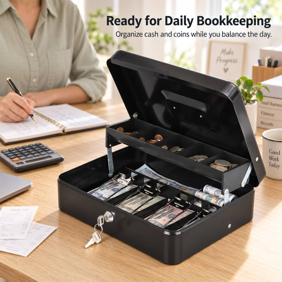 KYODOLED Cash Box with Money Tray and Key Lock, 1mm Thick Metal Cash Drawer