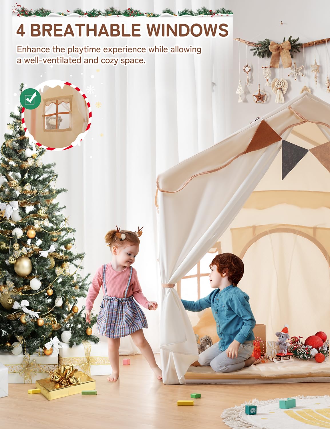 Besrey Kids Play Tent 2 in 1 with Padded Mat and Lights, Large Kids Playhouse with 2 Doors & 4 Windows, Indoor & Outdoor, Christmas Toddler Tent, 51" x35" x 51"