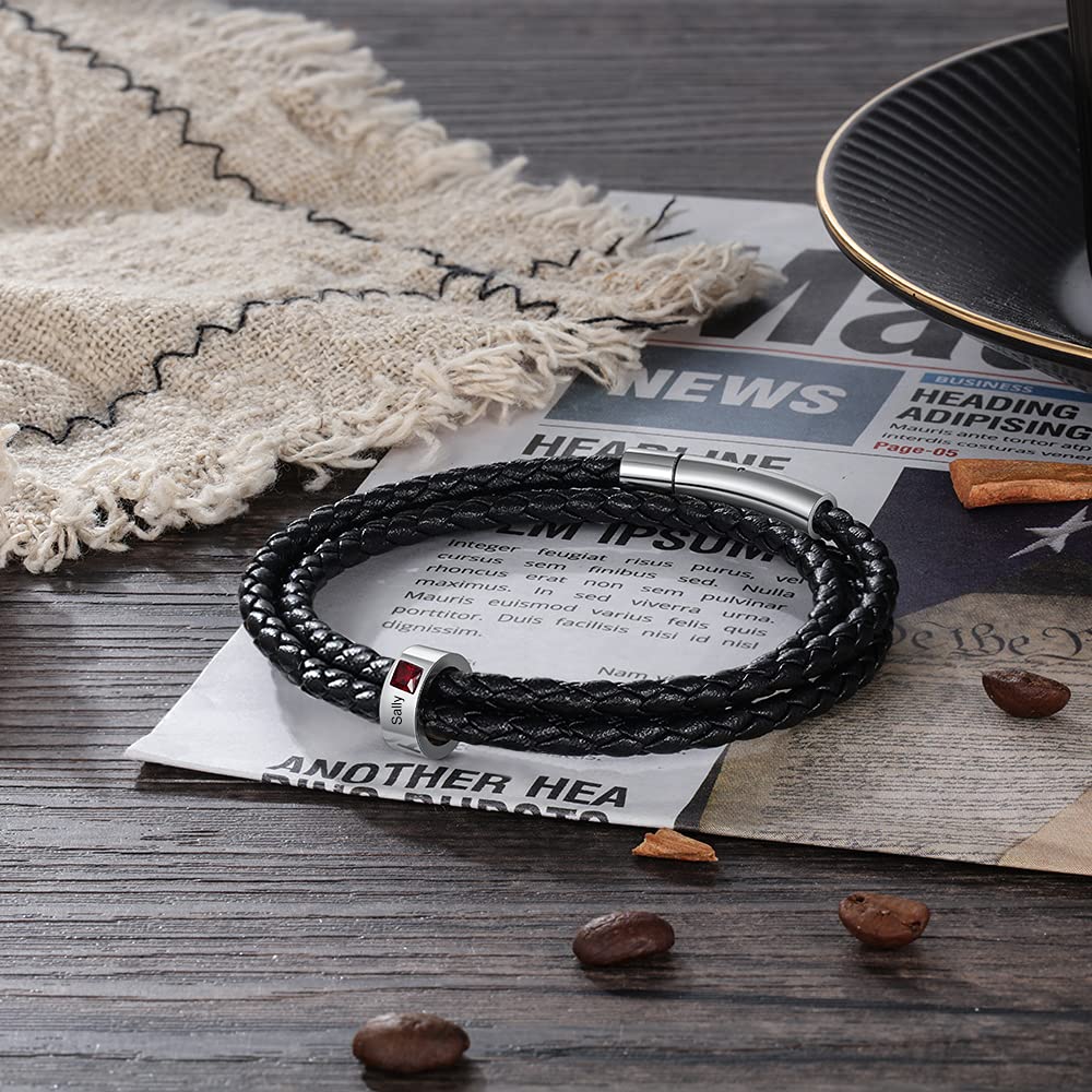 Nameinhea Personalized Mens Braid Bracelet Custom Bracelet with 1-5 Engraved Beads Family Names Jewelry Gifts for Men Father's day (1 name)