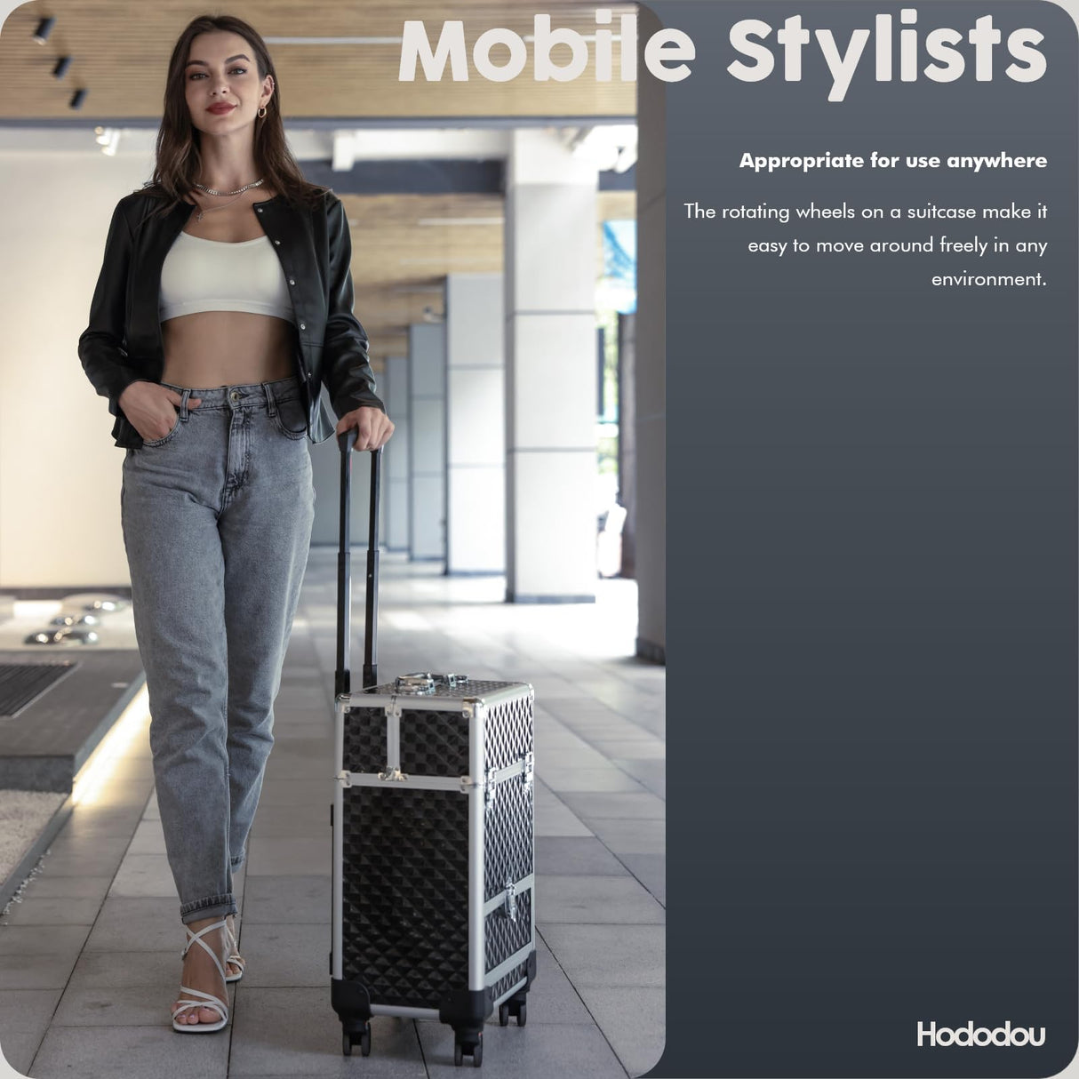 Hododou Rolling Makeup Case Cosmetic Travel Trolley Storage Sliding Drawer 4 Tray Makeup Travel Case with Wheels Salon Barber Case Traveling Cart Trunk for Cosmetologist Nail Tech Hairstylist Black