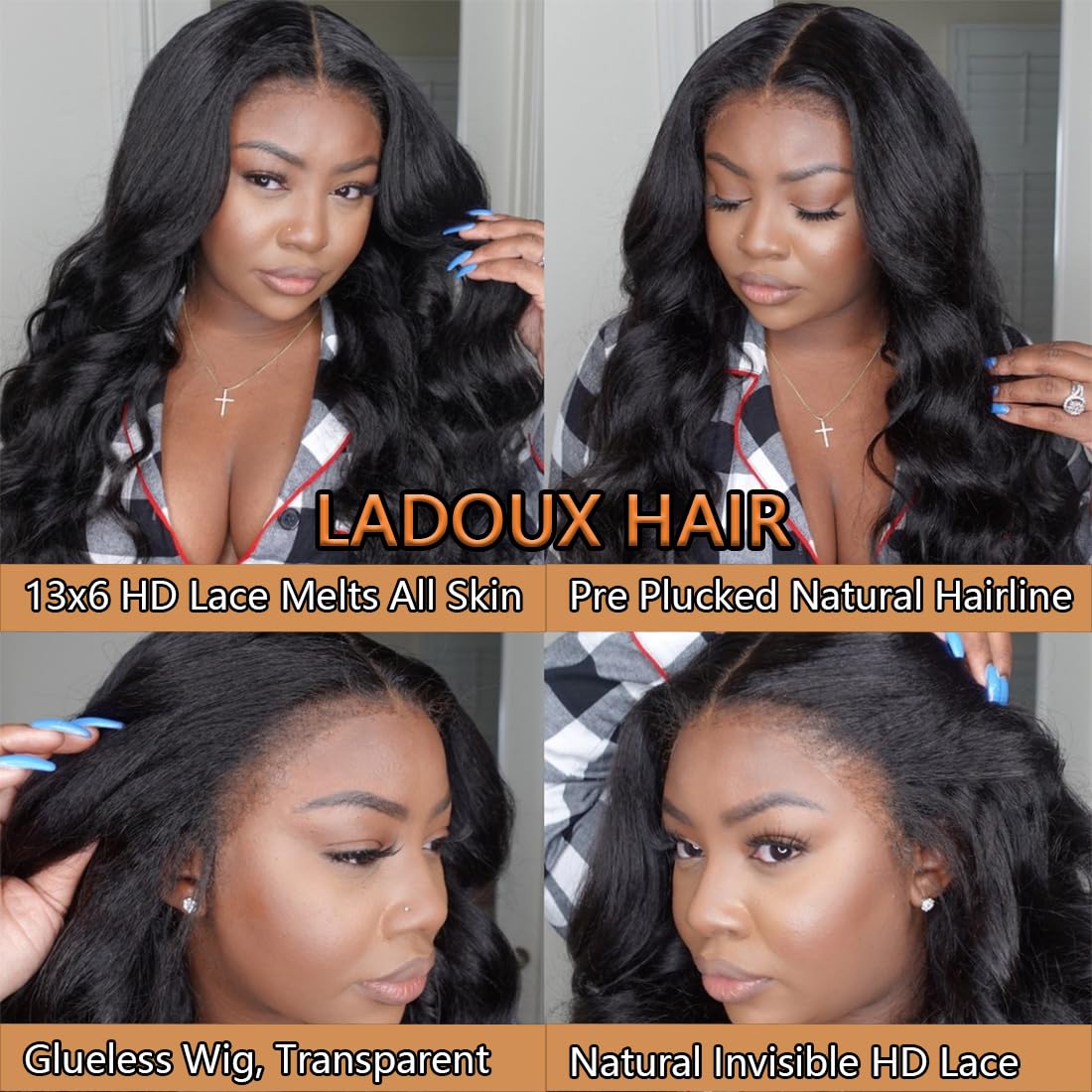Ladoux 13x6 Lace Front Kinky Straight Wig HD Transparent Yaki Straight Frontal Closure Human Hair Wigs for Women 20Inch 180% Density Glueless Wig Pre Plucked With Baby Hair