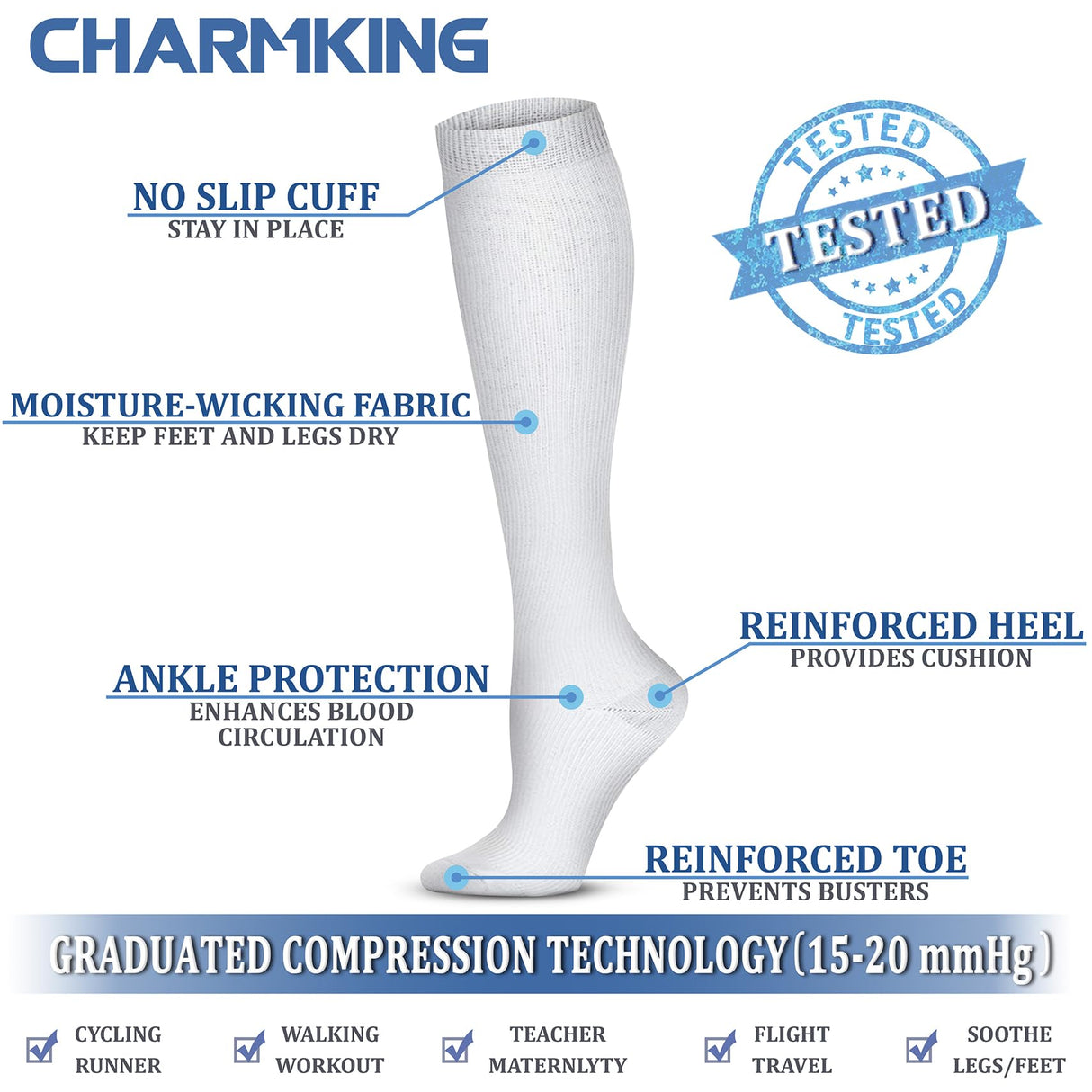 CHARMKING Compression Socks for Women & Men (8 Pairs) 15-20 mmHg Graduated Copper Support Socks are Best for Pregnant, Nurses - Boost Performance, Circulation, Knee High & Wide Calf (L/XL, Multi 52)