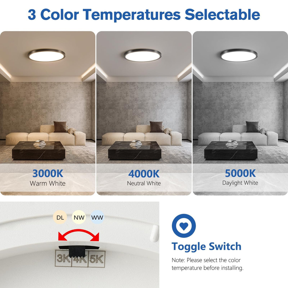6 Pack 12 Inch Hardwired Dimmable LED Flush Mount Ceiling Light Fixtures, 24W 2640LM 3000K/4000K/5000K, House Upgrade Led Lights for Bedroom Hallway Laundry Room Rental Units, 240W Equiv., Black