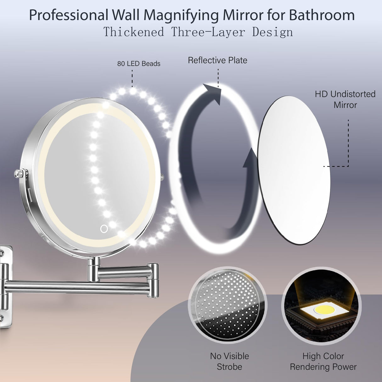 9" Large 15X Rechargeable Wall Mounted Lighted Makeup Mirror Nickel, 5000mAh HD Magnifying Mirror with 3 Color Bright Lights Touch Screen Dimmable, 17" Extendable 360° Swivel Bathroom Vanity Mirror