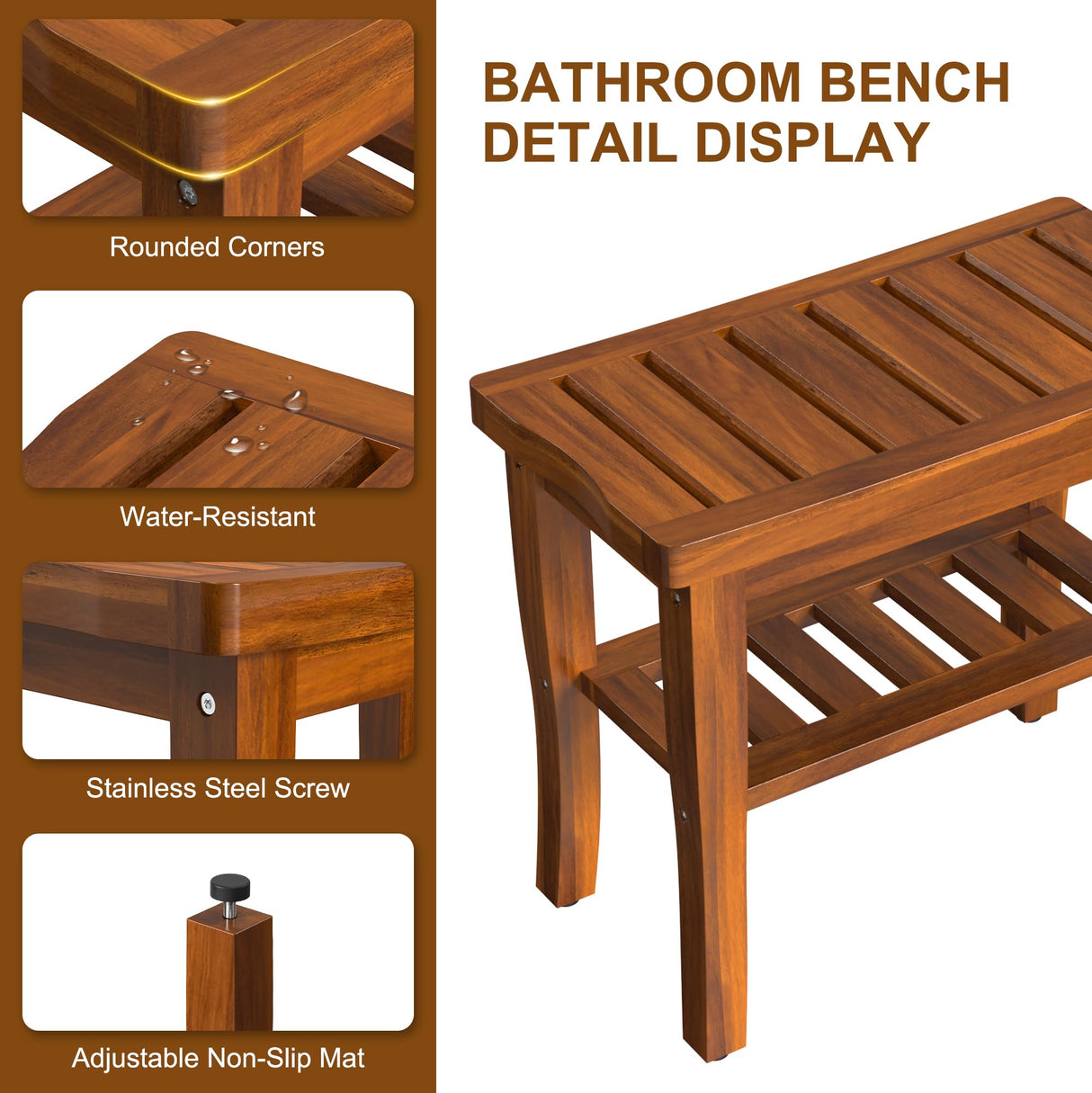 Greenual Teak Wood Shower Bench Stool with Storage Shelf, Wooden Waterproof Bathroom Spa Bathing Teak Shower Stool with Non-Slip Feet Gadget 2024 for Indoor or Outdoor Shower Chair Seat Organizer