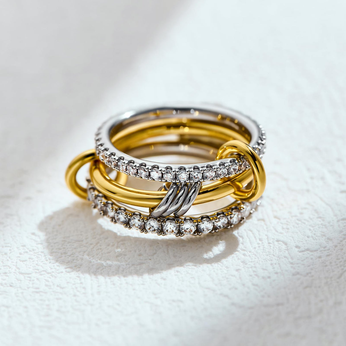 AllenCOCO 14K Gold & White Gold Plated Stackable Rings, Interlocking 3-Band Ring Set with Cubic Zirconia for Women Statement Size 7
