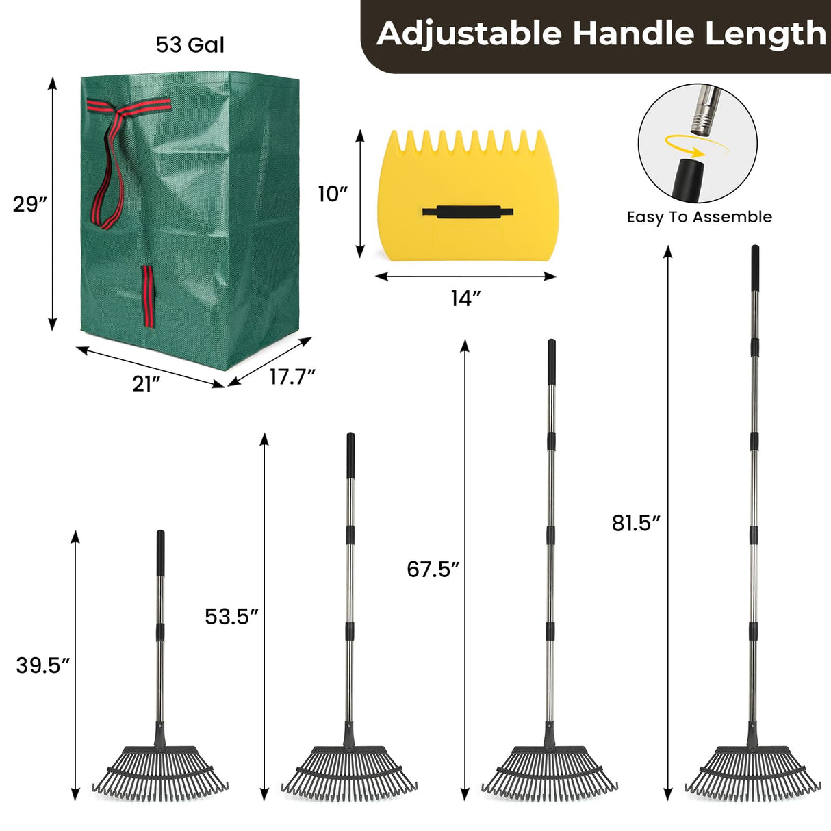 Rake for Leaves - 25 Tines Heavy Duty Metal Rake Set with Leaf Scoops & 53 Gallon Bag, Adjustable 67.5" Garden Rake, 3-in-1 Tool for Yard Pine Needle Grass Cleanup